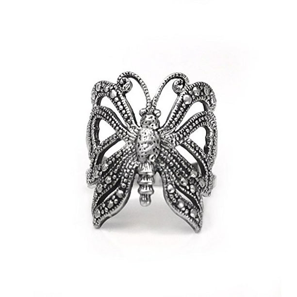 Size 6~9 BUTTERFLY SIDE Sterling Silver Ring-Highly Polished-Oxidized